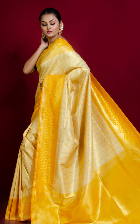 Tanchui Brocade Work Katan Silk Saree in Off White, Brush Gold and Cyber Yellow