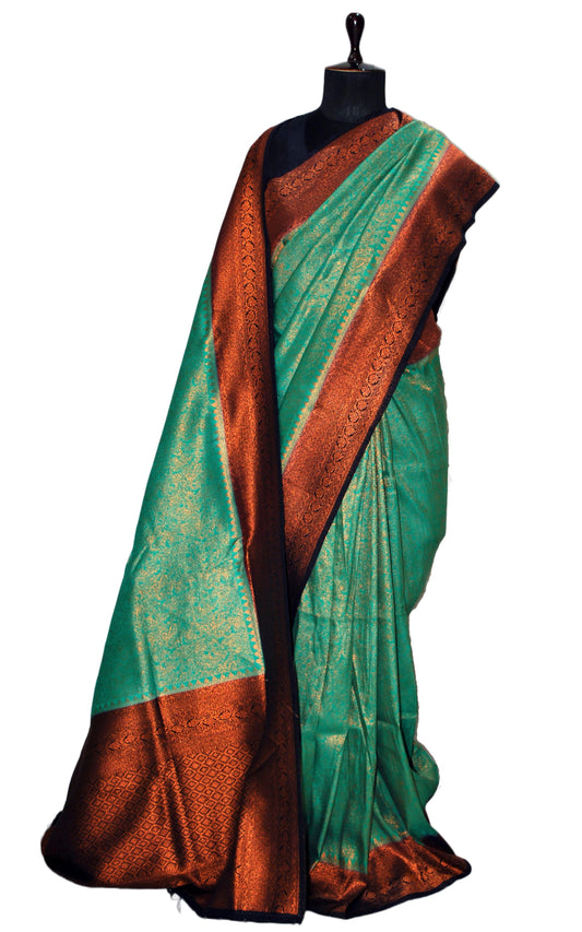 Tanchui Brocade Work Katan Silk Saree in Sea Green, Black and Antique Gold Zari Work