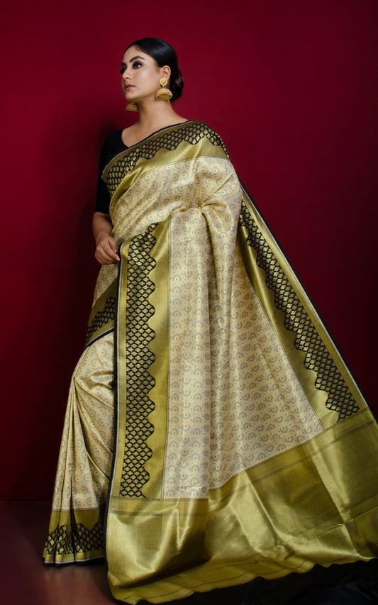 Tanchui Brocade Work Katan Silk Saree in Off White, Brush Gold and Black