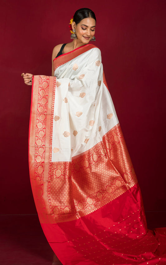 Handwoven Pure Katan Banarasi Silk Saree in White, Red and Antique Gold