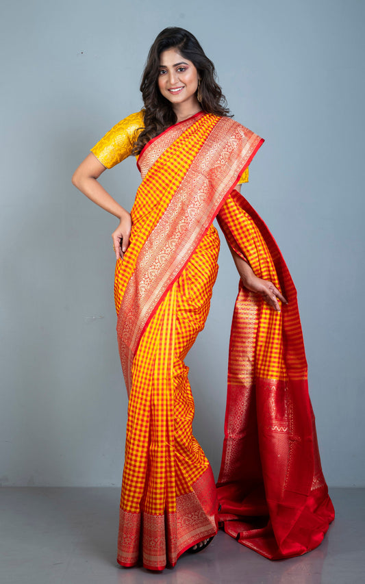 Designer Checks Katan Banarasi Silk Saree in Bright Yellow and Red