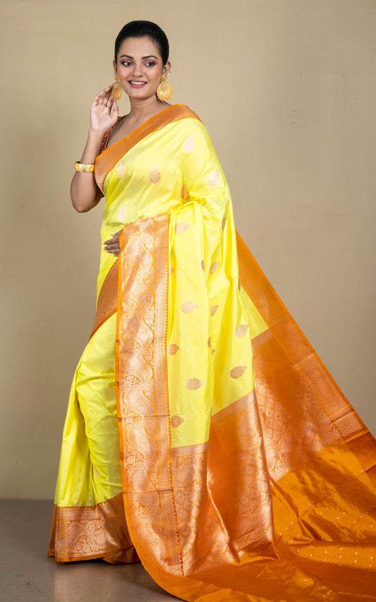 Pure Katan Banarasi Silk Saree in Fluorescent Yellow, Cinnamon and Antique Gold