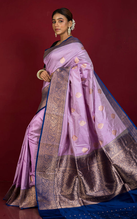 Pure Katan Banarasi Silk Saree in Lavender, Royal Blue and Antique Gold