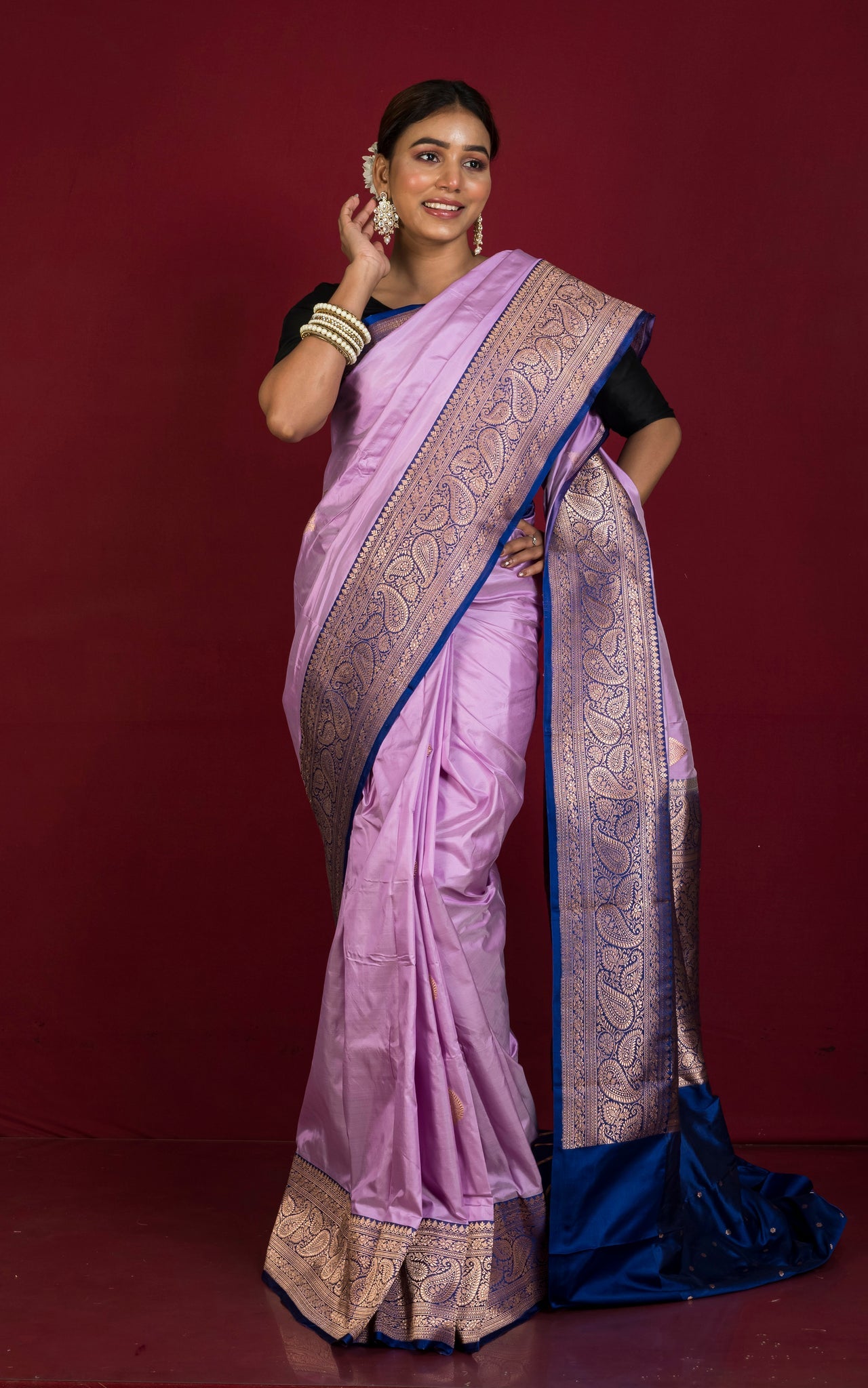 Pure Katan Banarasi Silk Saree in Lavender, Royal Blue and Antique Gold