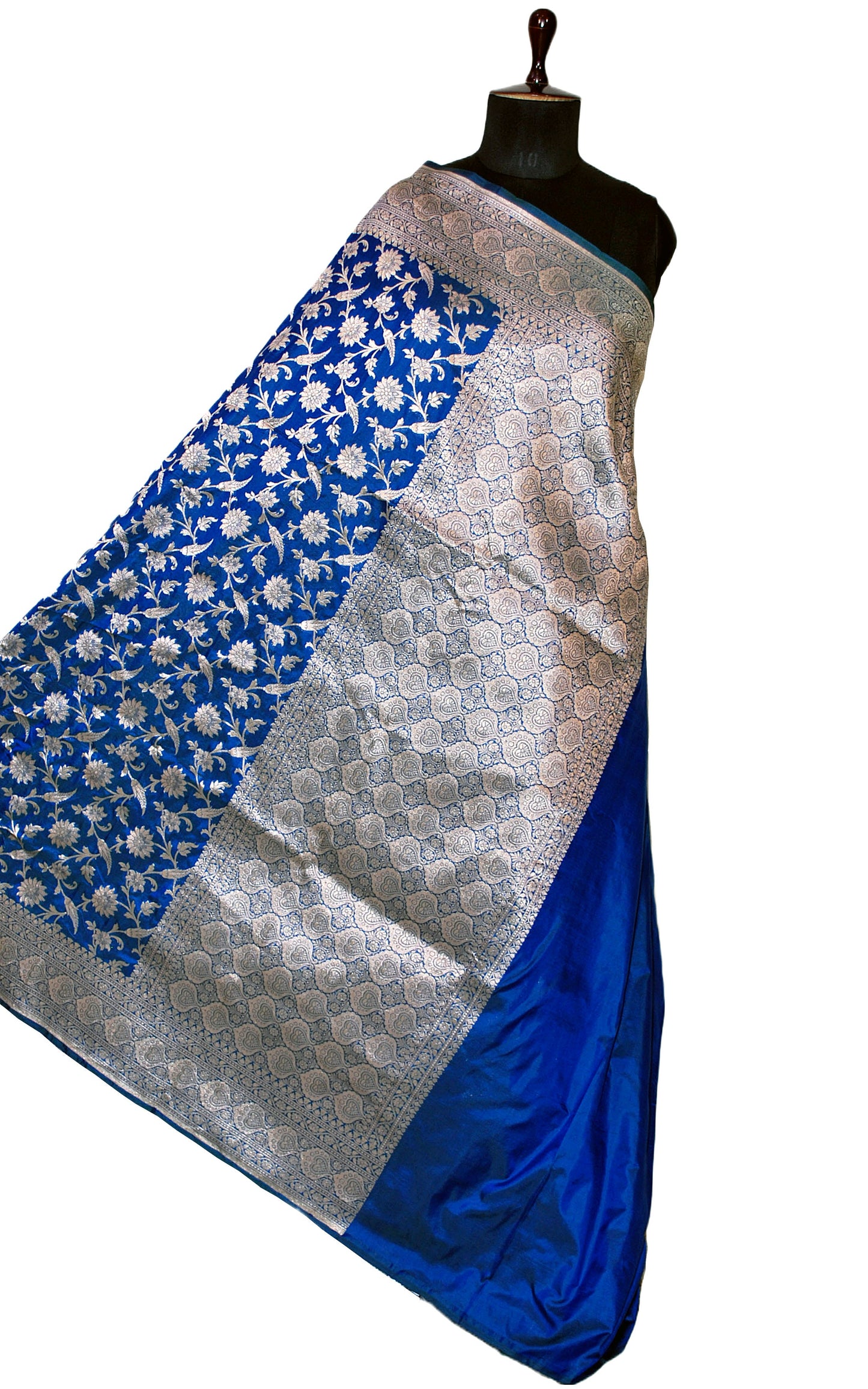 Jangla Jaal Work Pure Opada Katan Banarasi Silk Saree in Dodger Blue and Antique Silver
