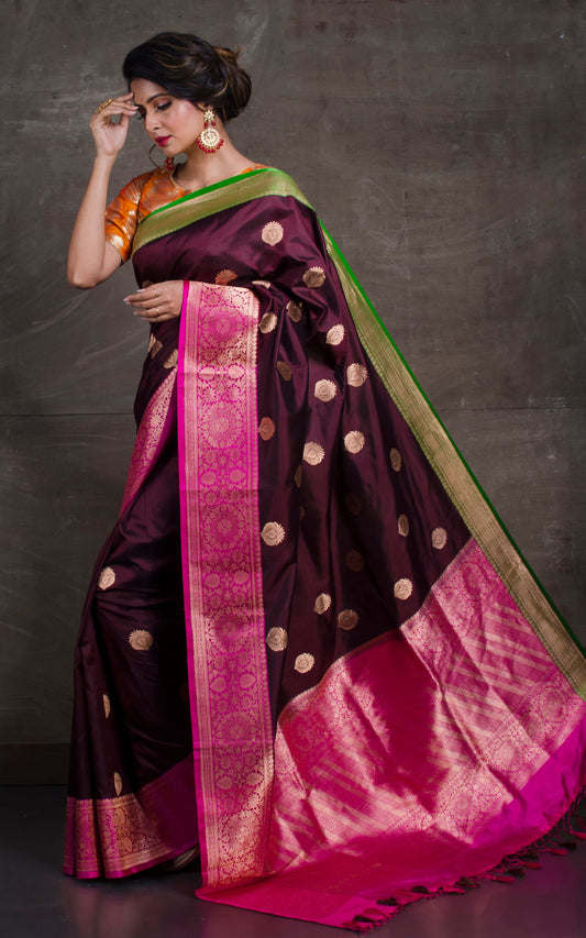 Premium Quality Katan Banarasi Silk Saree in Dark Wine, Hot Pink and Kelly Green