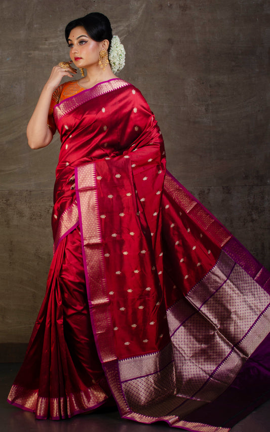 Handwoven Pure Katan Banarasi Silk Saree in Dark Red and Magenta