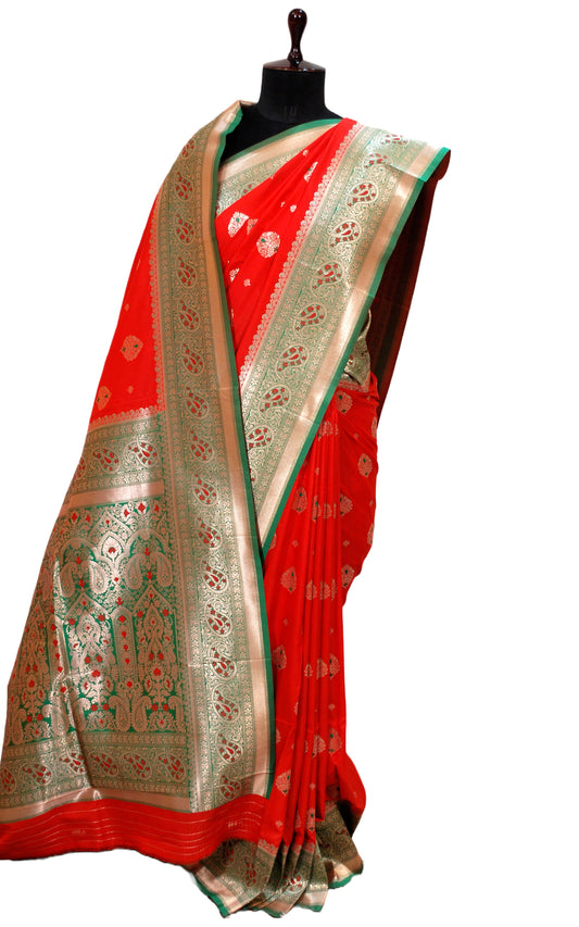 Minakari Katan Silk Saree in Bright Red, Green and Matt Gold Zari Work