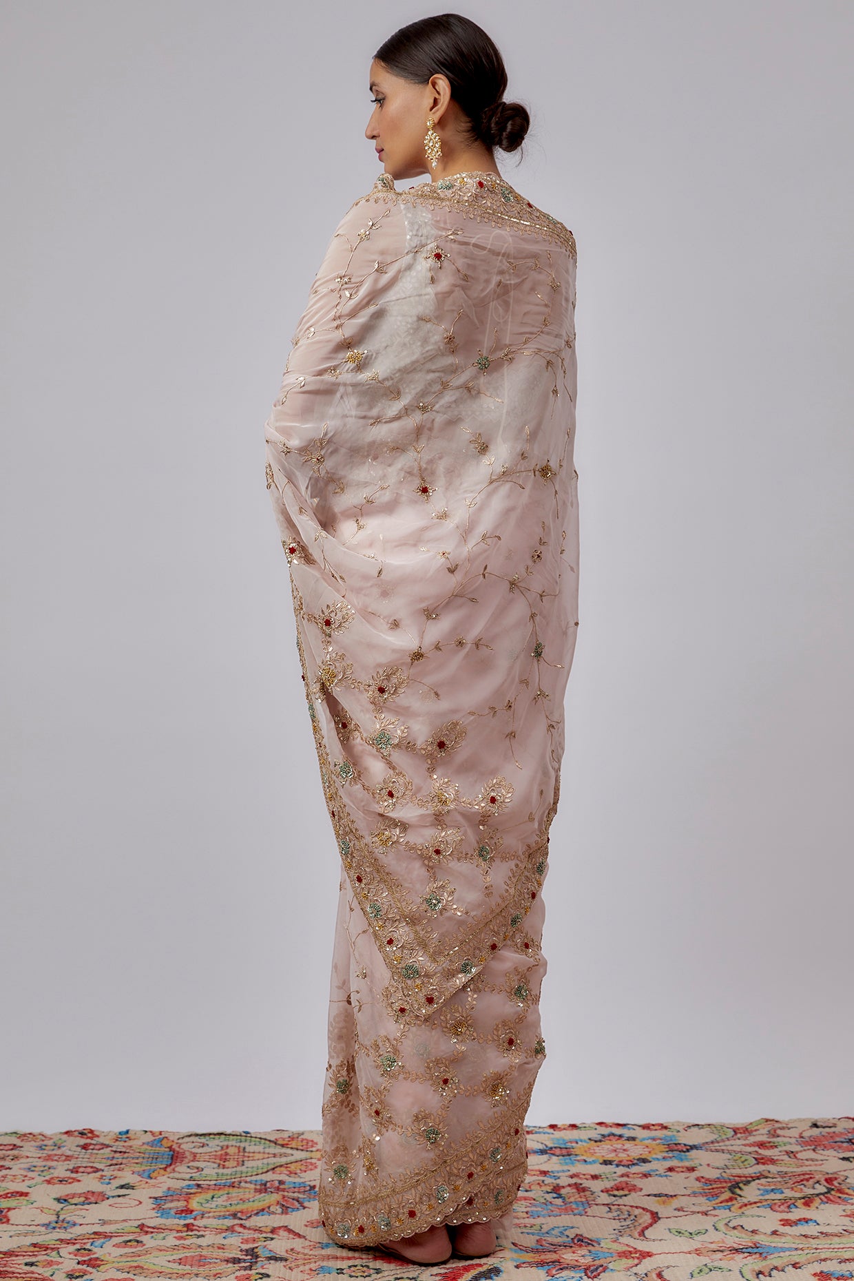 pink pure organza hand embroidered saree set