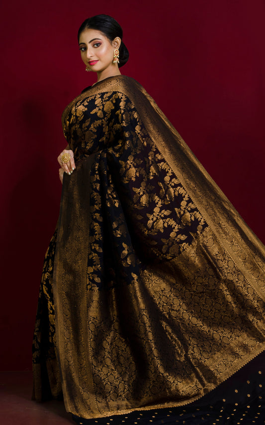 Semi Georgette Brocade Banarasi Saree in Black and Sepia Tone Golden Zari Work