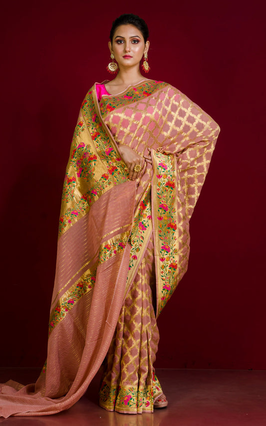 Khaddi Georgette Paithani Work Banarasi Saree in Matt Pink, Gold and Multicolored
