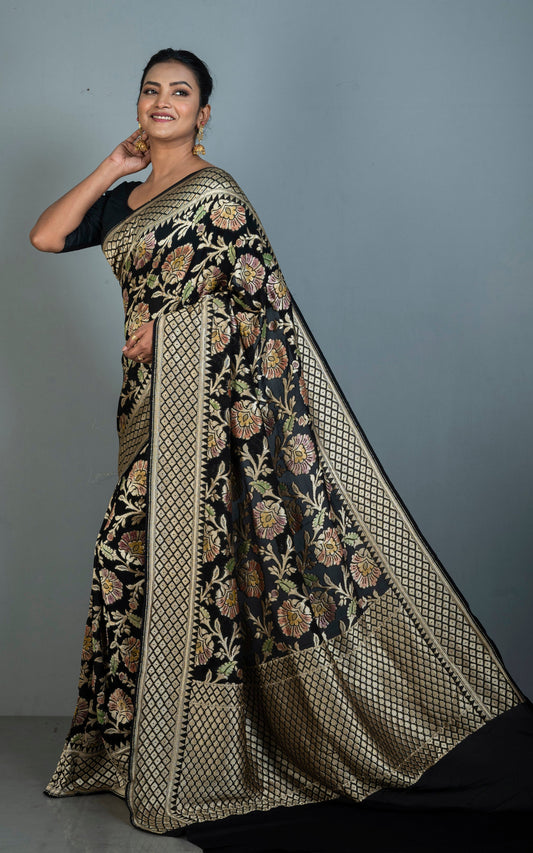 Handwoven Rangkart MInakari Brocade Work Khaddi Georgette Banarasi Saree in Black, Multicolored & Antique Golden