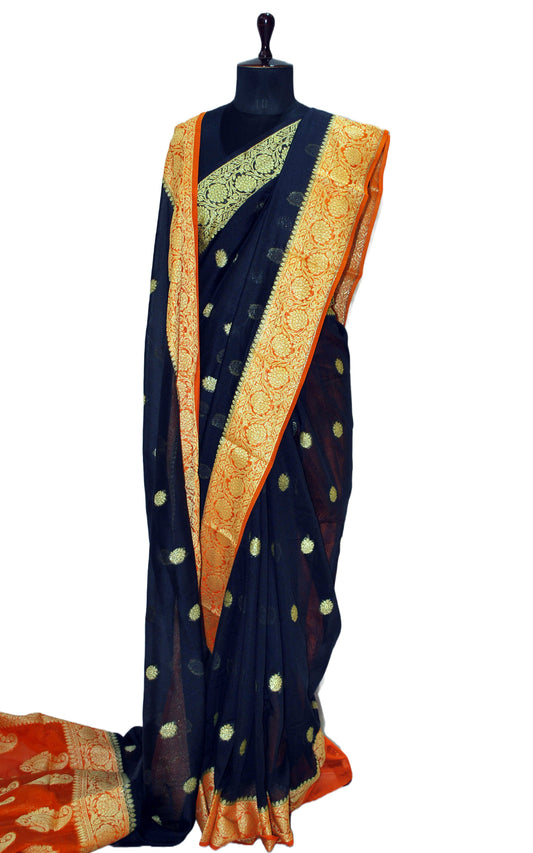 Medium Border Soft Semi Georgette Banarasi Saree in Black, Orange and Matt Gold