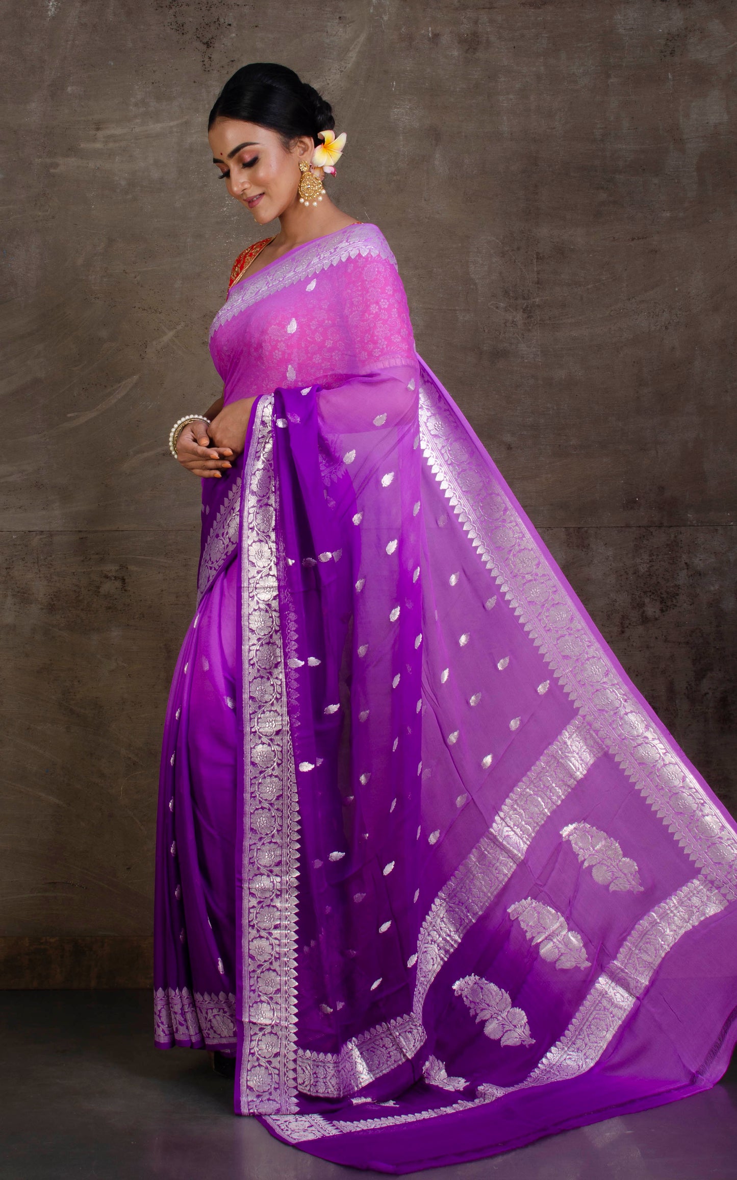 Pure Georgette Banarasi Saree in Mauve, Lavender and Silver