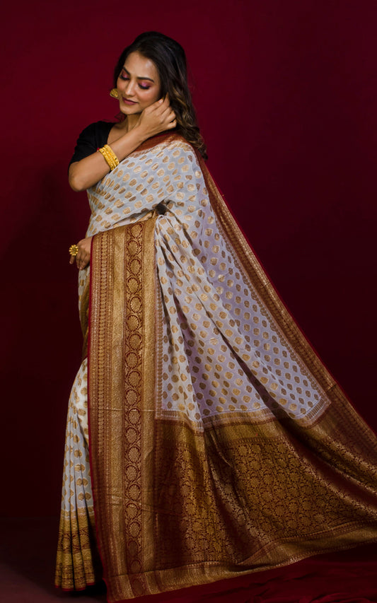 Pure Khaddi Georgette Banarasi Saree in Off White, Chocolate Brown and Antique Gold