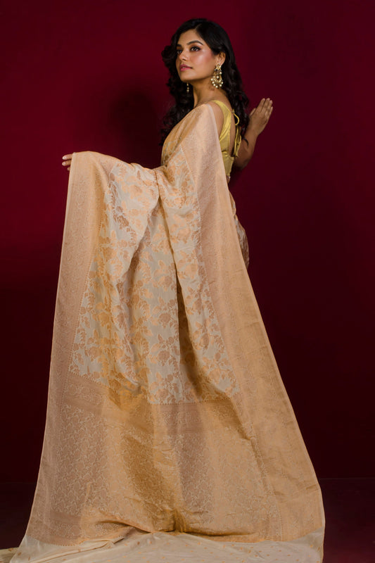Soft Semi Georgette Brocade Banarasi Saree in Off White and Sepia Tone Golden Zari Work