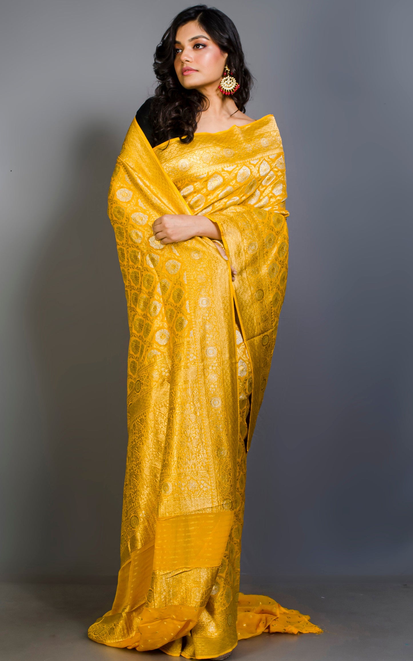 Brocade Khaddi Georgette Banarasi Saree in Bright Yellow with Silver & Gold Zari Work