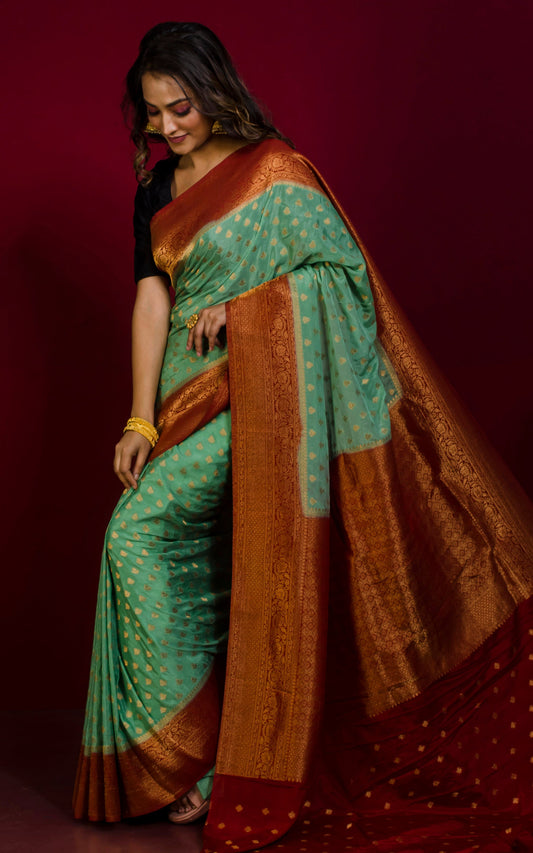 Soft Semi Georgette Banarasi Saree in Emerald Green, Dark Red and Antique Golden