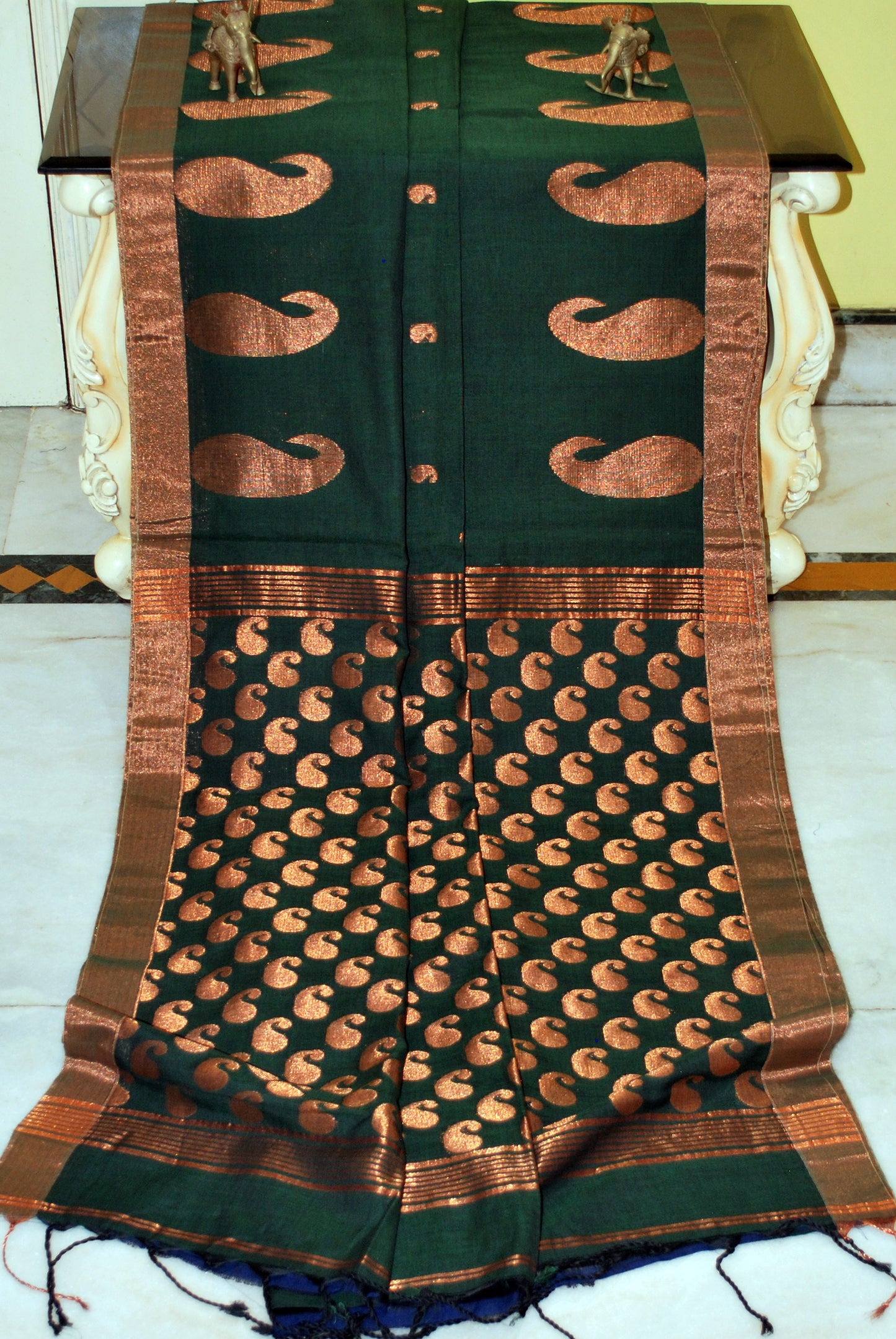 Premium Quality Double Warp Soft Pure Cotton Saree in Dark Green and Copper Zari Work