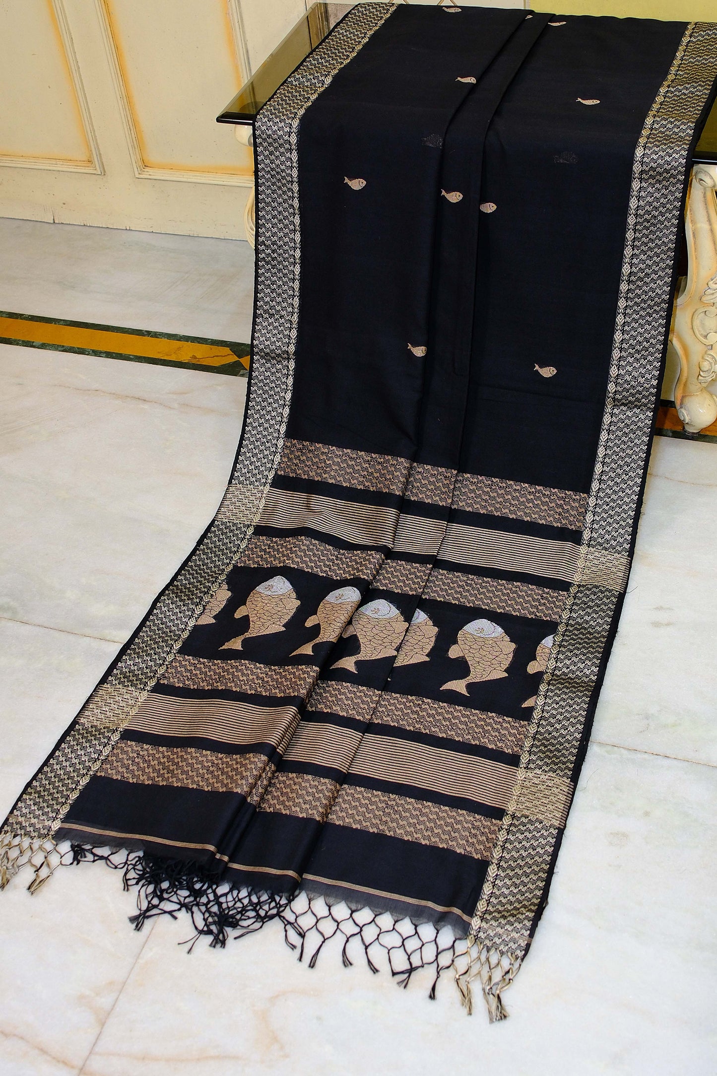 Premium Quality Double Warp Soft Pure Cotton Bomkai Saree in Black, Dutch White and Off White