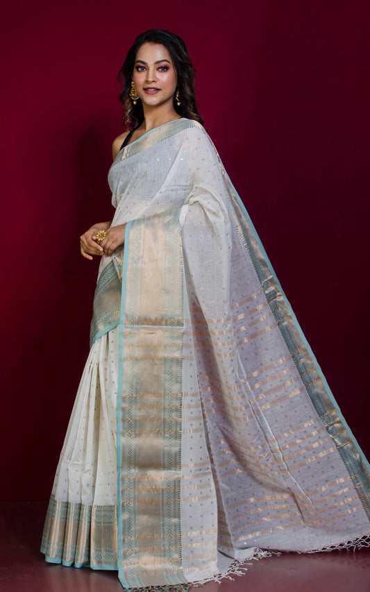 Sitara Work Cotton Linen Gadwal Saree in Off White, Matt Gold and Cyan
