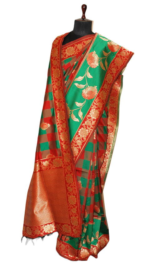 Blended Cotton Silk Checks Kanchipuram Saree in Green, Red and Orange