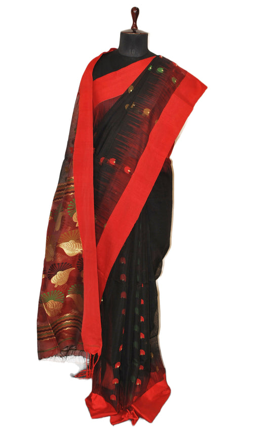Blended Cotton Silk Jamdani Saree in Black, Red, Green and Antique Gold