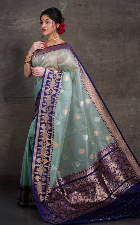 Pure Handloom Kora Silk Banarasi Saree in Pistachio and Denim Blue