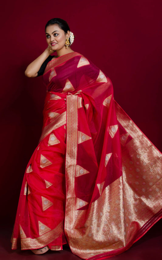 Organza Silk Banarasi Saree in Bright Pink, Silver and Muted Gold