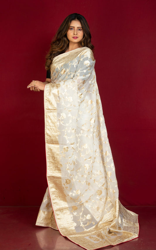 Jangla Jaal Work Kora Silk Banarasi Saree in White, Red and Water Gold