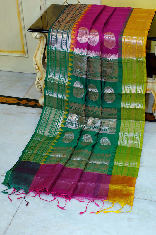 Traditional Ganga Jamuna Border Cotton Kota Checks Gadwal Saree with Rich Pallu in Jazzberry Jam, Mustard Yellow and Deep Green