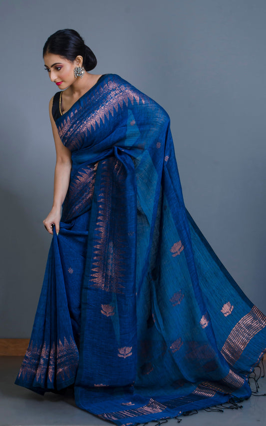 Handwoven Linen Kanchipuram Saree in Denim Blue and Copper