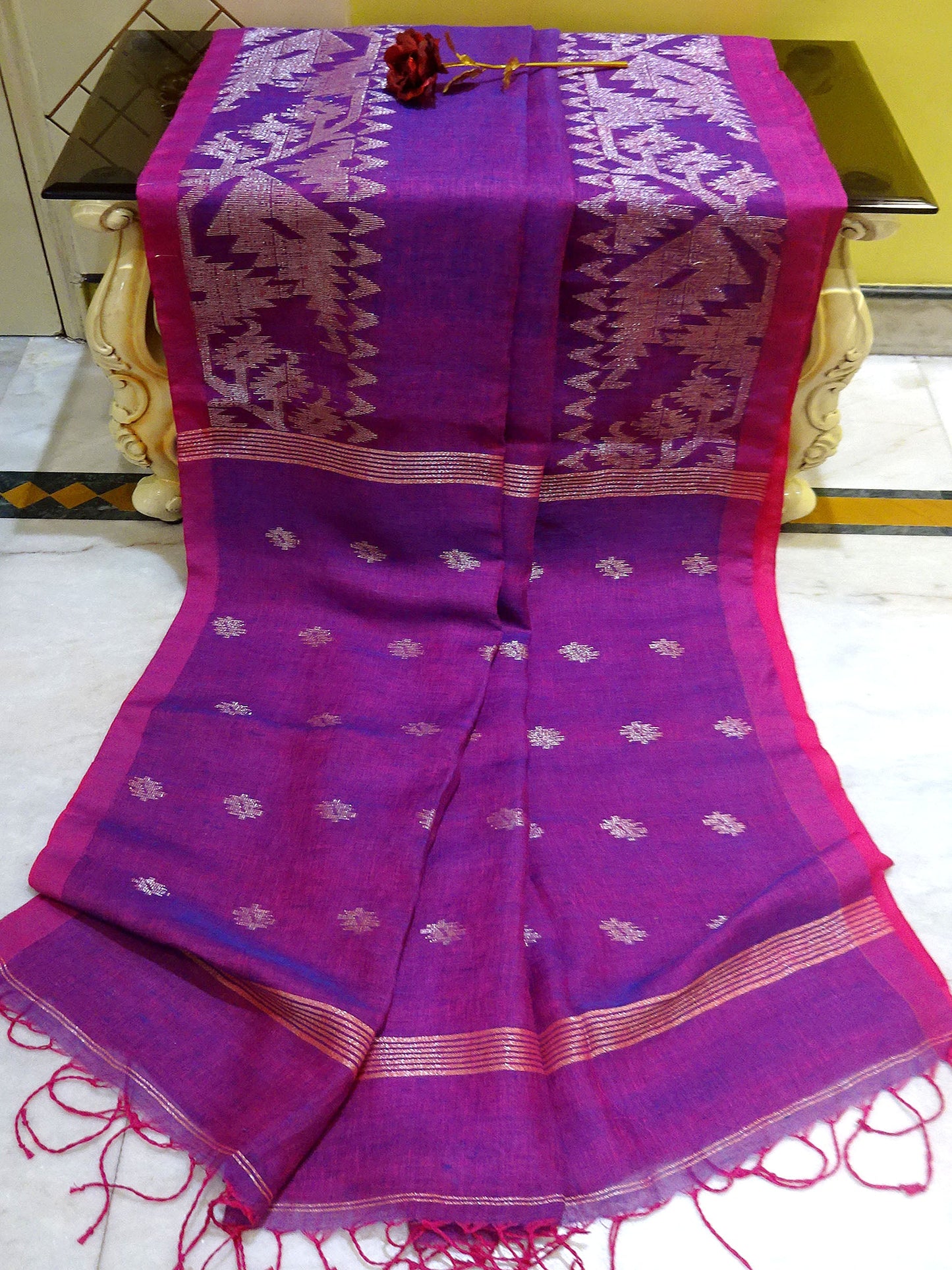 Woven Karat Work Border Linen Jamdani Saree in Purple and Antique Silver