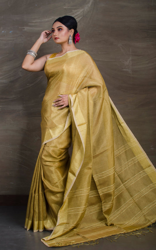 Woven Tissue Linen Saree in Natural Golden and Beige