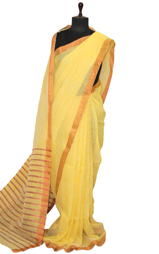 Smart Linen Saree with Stripe Pallu in Pastel Yellow, Off White and Copper Zari