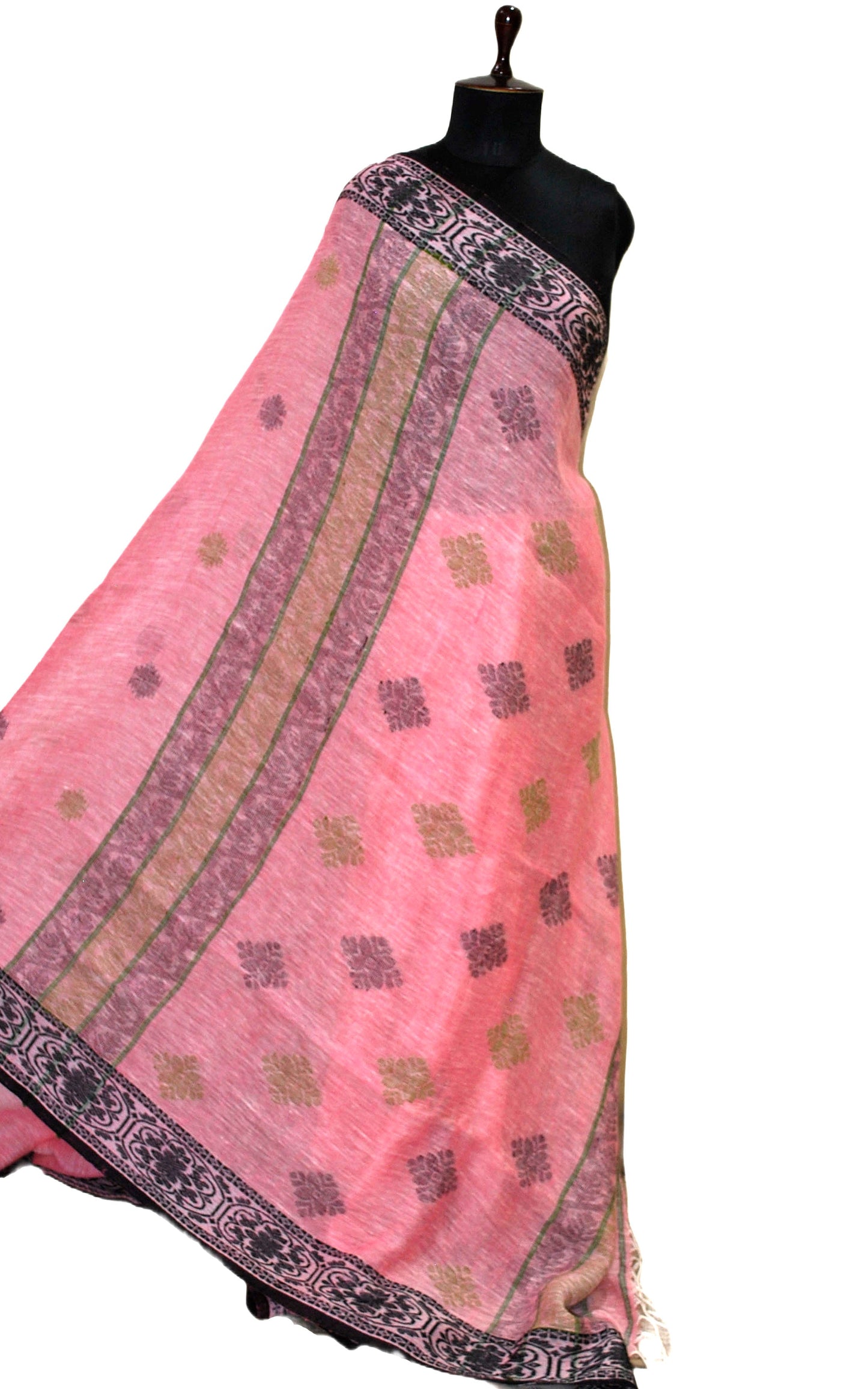 Exquisite Thread Nakshi Work Jacket Border Linen Jamdani Saree in English Pink, Black and Fern Green