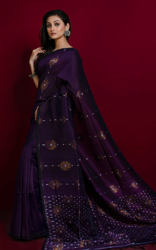 Border less Cotton Linen Banarasi Saree in Dark Purple, White and Antique Gold