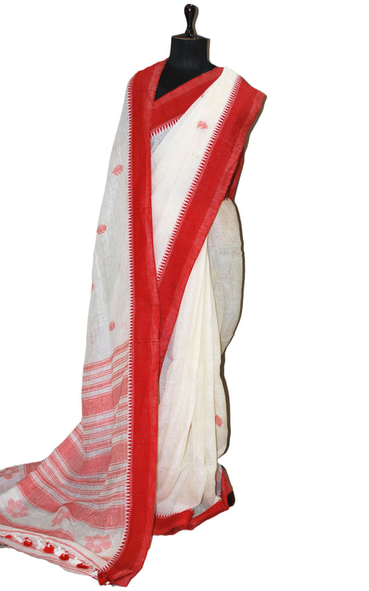 Premium Quality Traditional Linen Jamdani Saree in Off White and Bright Red