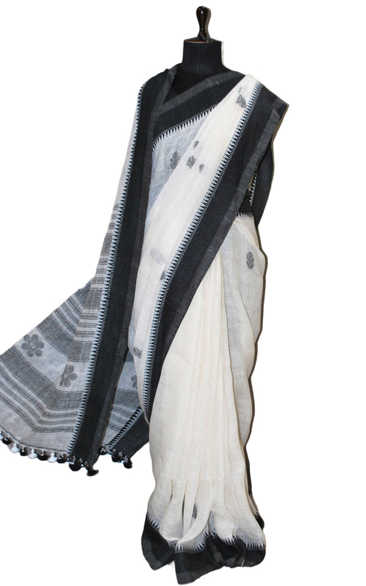 Premium Quality Traditional Linen Jamdani Saree in Off White and Zed Black