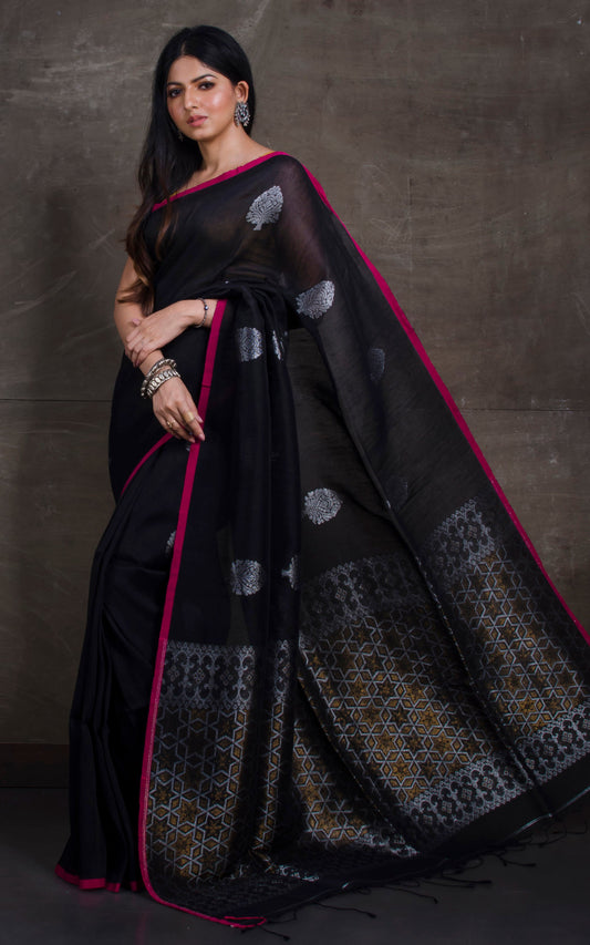 Cotton Linen Banarasi Saree in Zed Black, Hot Pink and Silver, Gold Zari Wok