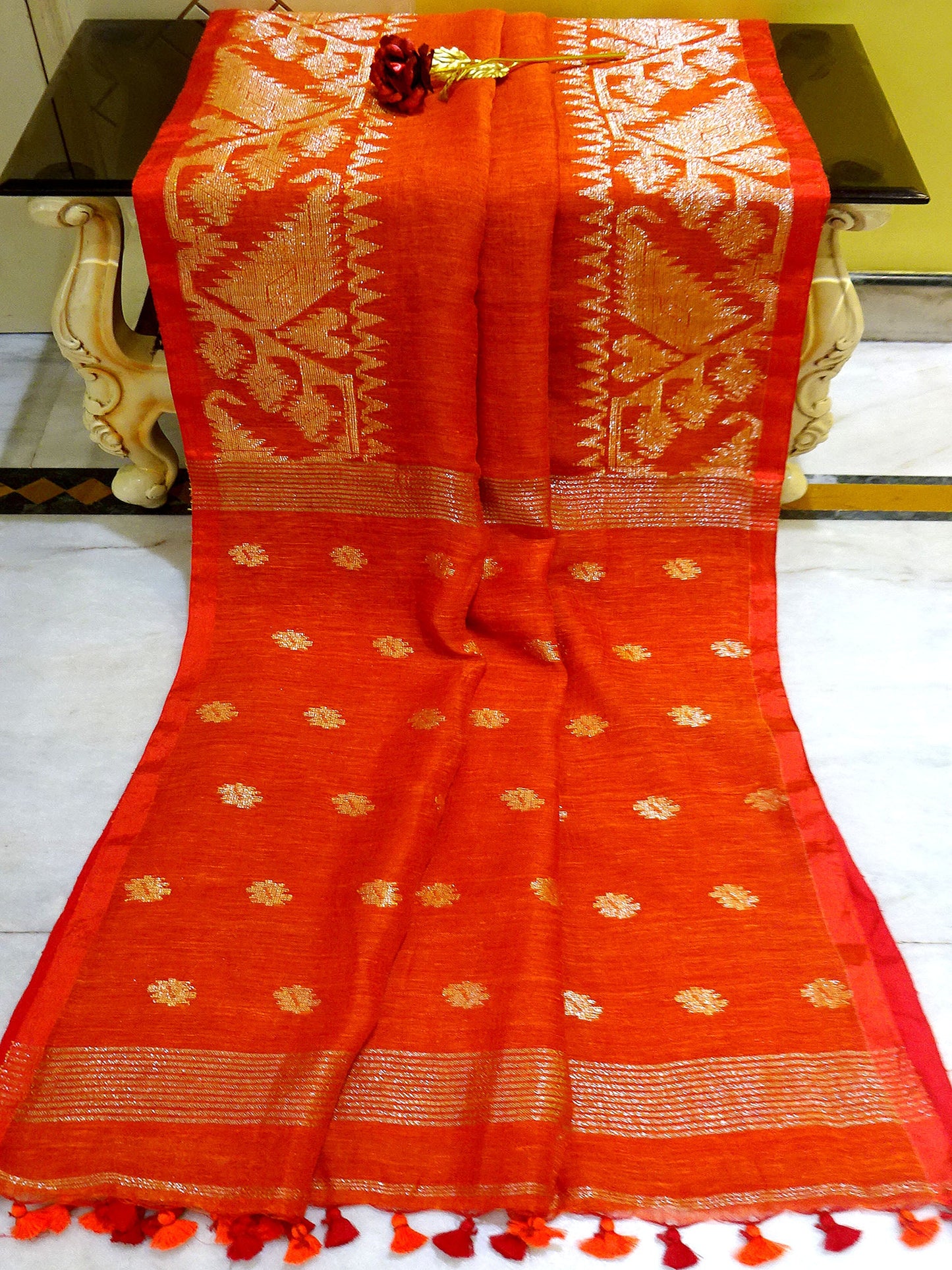 Woven Karat Work Border Linen Jamdani Saree in Orange and Antique Silver