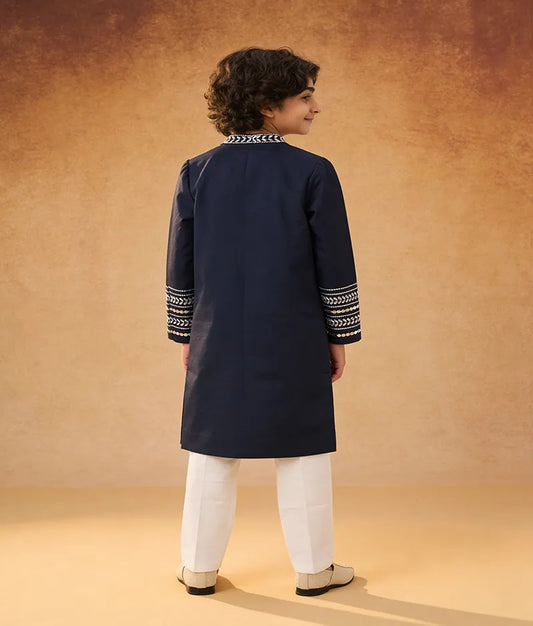 Luxe Blue Silk Achkan and Off white Pant for Boys