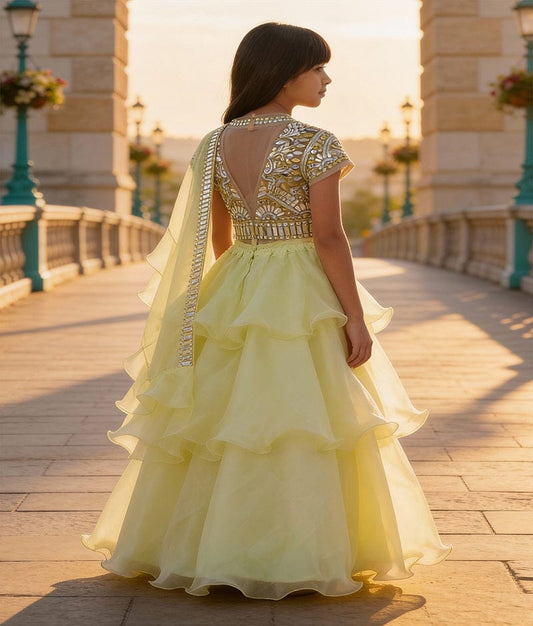 Luxe Golden Lime Green Layered Lehenga with Embroidery Choli Organza Dupatta for Girls