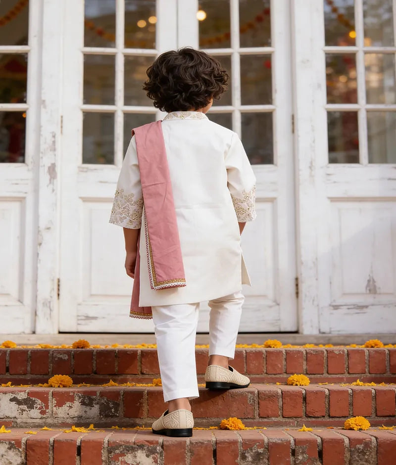 Luxe Off white Achkan with Stole Pant for Boys