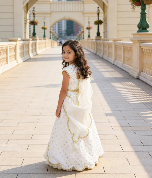 Luxe Off White Organza Lehenga Choli and Dupatta for Girls