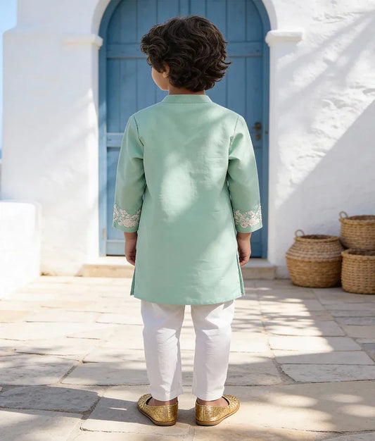 Luxe Sea Green Embroidery Achkan with Chudidar for Boys