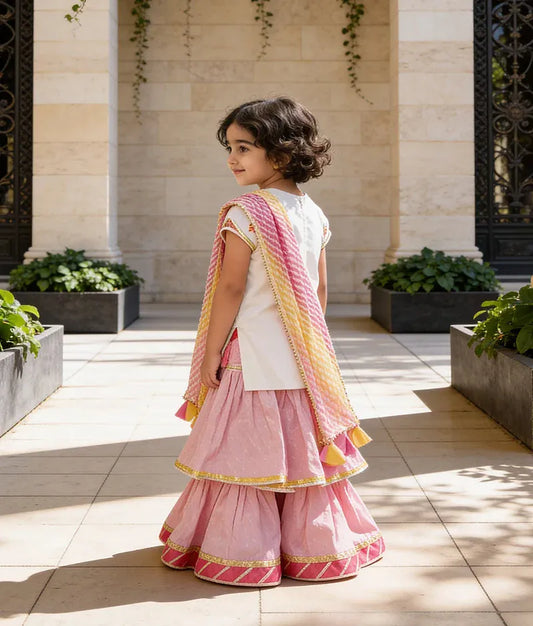 Luxe White Multi Color Booti Pink Cotton Sharara with Kurti Lehriya Dupatta for Girls