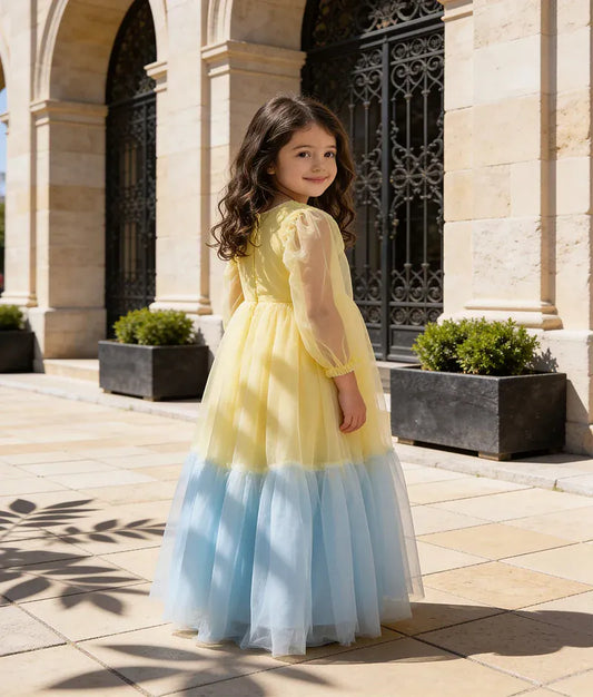 Luxe Yellow Blue Net Gown for Girls