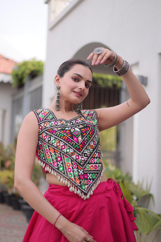 Pink Roman Silk Kutchi Gamthi Embroidered & Gota Work Navratri Lehenga Choli