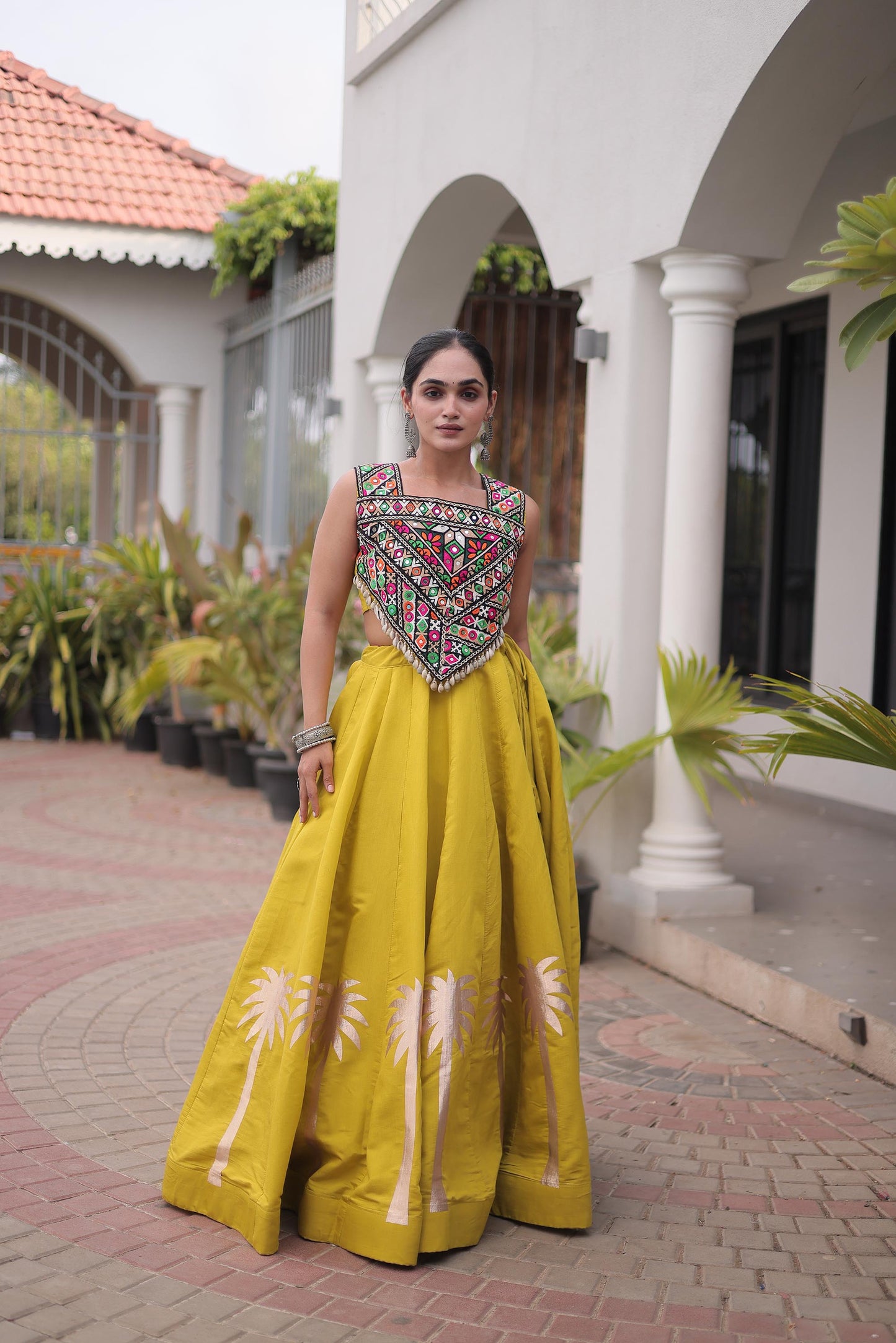 Yellow Roman Silk Kutchi Gamthi Embroidered & Gota Work Navratri Lehenga Choli
